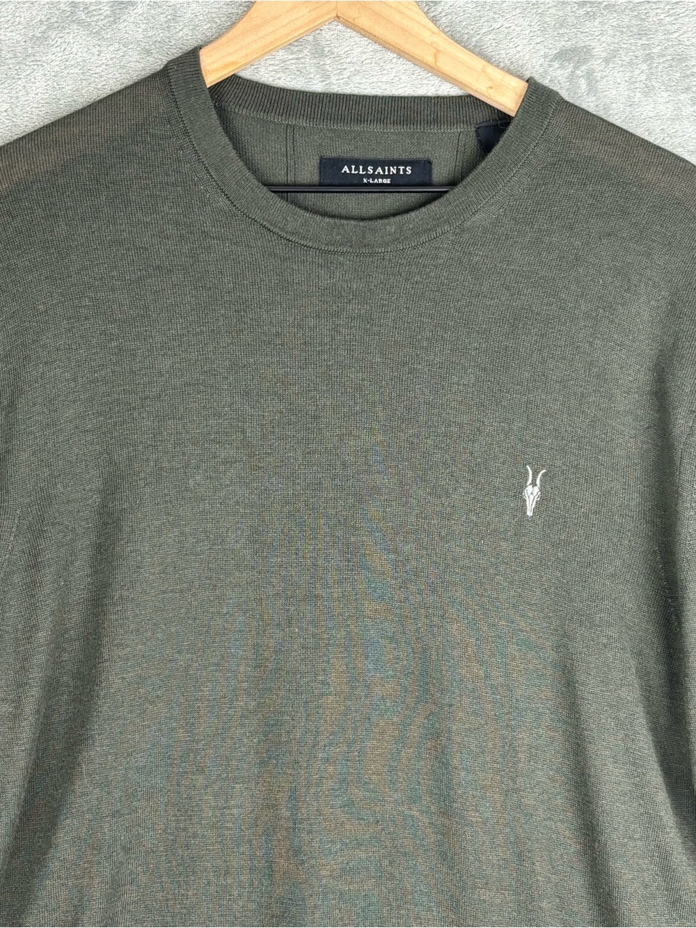 AllSaints Sweater Mens XL Green Nomo Crew Wool Blend Pullover Logo Tight Knit - Picture 5 of 16